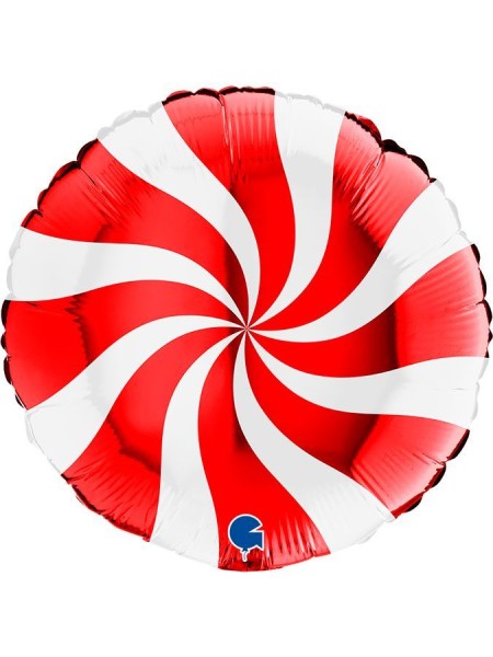 Фольга шар круг Леденец красный/белый 18"/46 см
