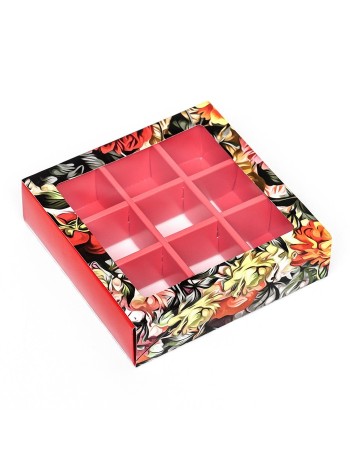 Коробка для конфет 13,8 х13,8 х3,8 см Цветочки с обечайкой на 9 шт