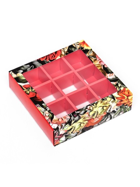 Коробка для конфет 13,8 х13,8 х3,8 см Цветочки с обечайкой на 9 шт