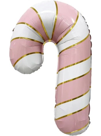 Фольга шар фигура Леденец трость золотая полоска Белый/Розовый 29"/74 см Китай