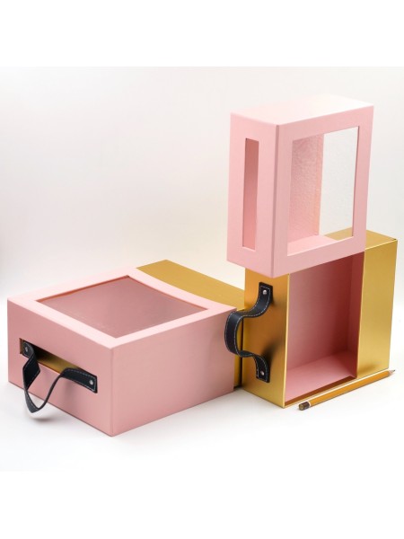 Коробка картон 19/17 х10/7 х26/20 см набор 2 шт с окном и ручкой цвет розовый HS-