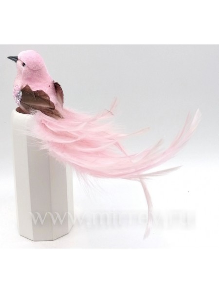 Птичка на клипсе 18 см набор 12 шт цвет нежно-розовый натур. перо