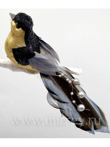 Птичка на клипсе 19,5 см набор 12 шт цвет черный/серый/желтый натур. перо