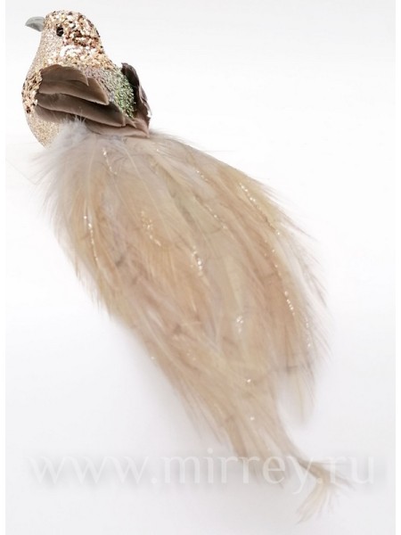 Птичка глиттер на клипсе 22 см набор 12 шт цвет бежевый натур. перо