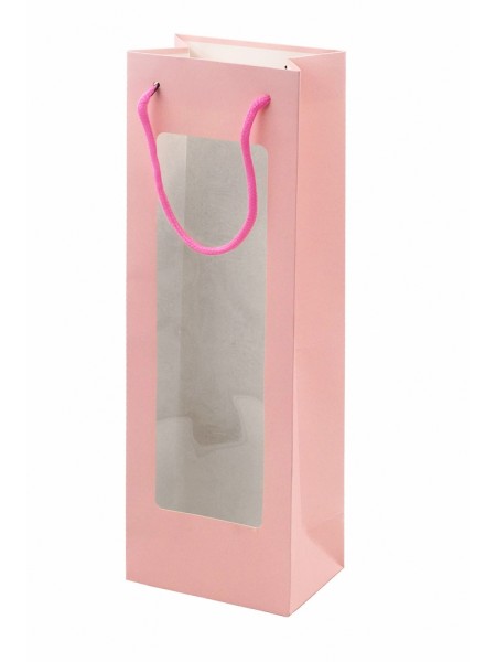 Пакет ламинированный 12 х36 х8 см под бутылку с окном цвет розовый HS-7-11