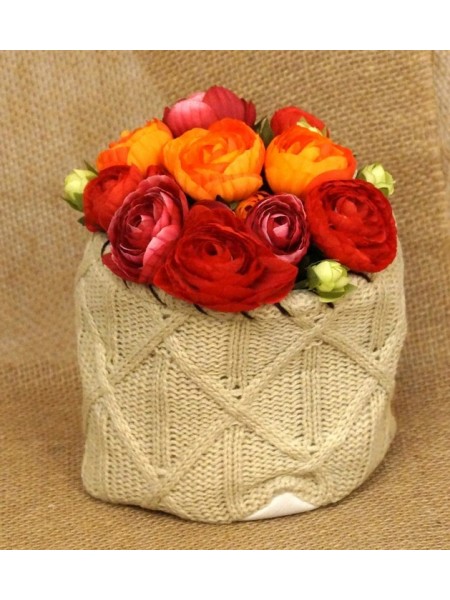 Кашпо-сумка для цветов вязанная с бортиком Орнамент жесткий край