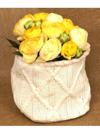 Кашпо-сумка для цветов вязанная с бортиком Орнамент жесткий край