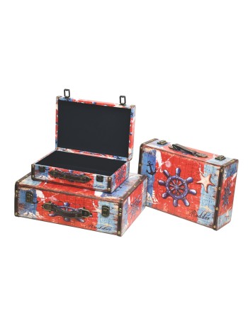 Чемоданы дерево/кожа набор 3 шт Морской 10/12/13,5 х 20/24/30 х 30/34/40 см HS-39-6