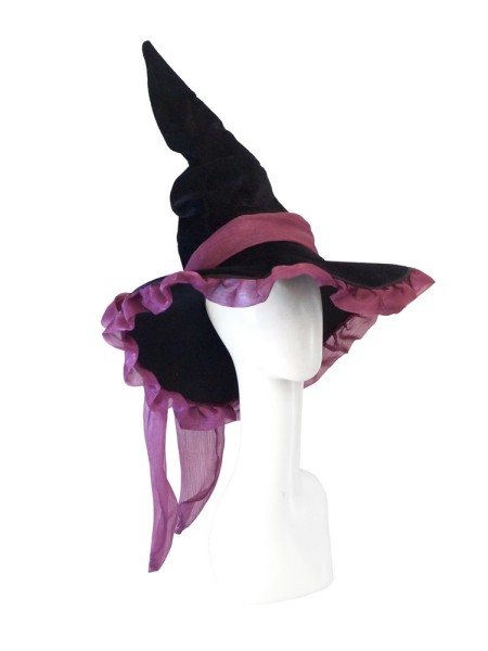 Шляпа ведьмы с рюшами и бантом d= 50 см h=45 см ткань цвет черный с лиловым HS-15-9