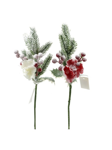 Ветка еловая заснеженная с цветами и ягодой 38 см цвет микс HS-5-4