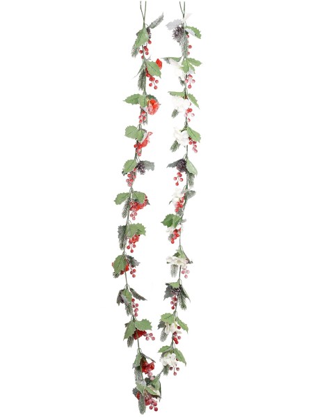 Гирлянда еловая 155 см заснеженная с цветами и ягодами цвет микс HS-5-13