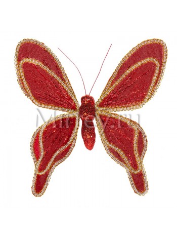 Бабочка на клипсе 20 см бархат-органза красный