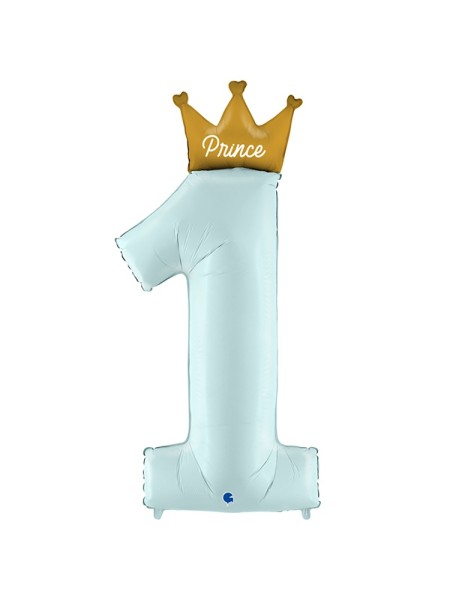 Фольга шар Цифра 1 46" PRINCE с короной голубая GRABO Италия