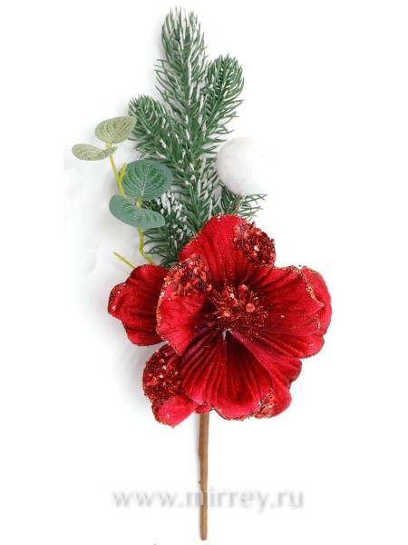 Ветка декоративная с красным цветком 36 см
