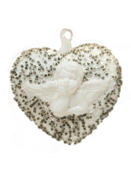 Сердце с ангелочками 8см стекло цв серебро с белым