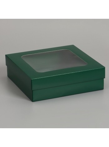 Коробка складная 20 х20 х6 см с окном армейский зеленый
