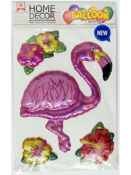 Наклейка объемная Фламинго цветы  пластик упаковка 15  х 21 см