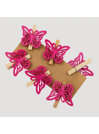 Бабочка на прищепке набор 6 шт 6 см цвет темно-розовый