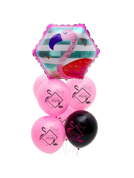 Букет шаров С Днем рождения фламинго неон набор 7 шт латекс/фольга