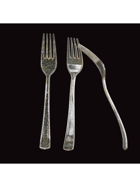 Вилка пластик набор 20 шт прозрачный блеск золото HS-18-4