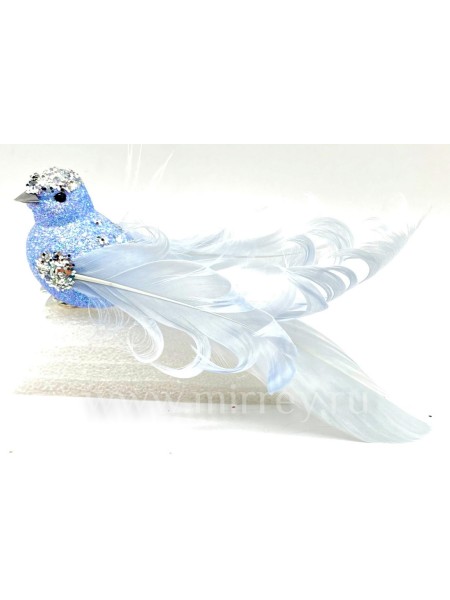 Птичка глиттер на клипсе 16 см набор 12 шт цвет нежно-голубой натур. перо
