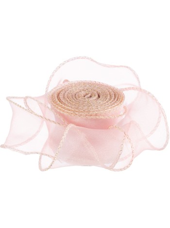 Лента органза 4 см х9,14 м с леской золотая кайма цвет Розовый