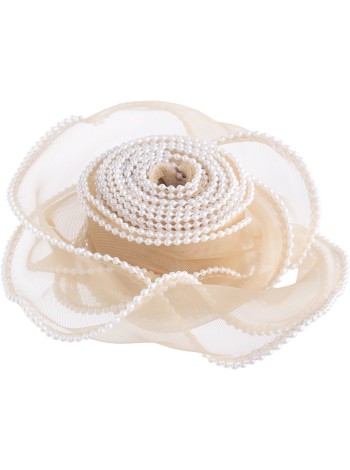 Лента органза 4 см х9,14 м с леской и бусинами цвет Шампань