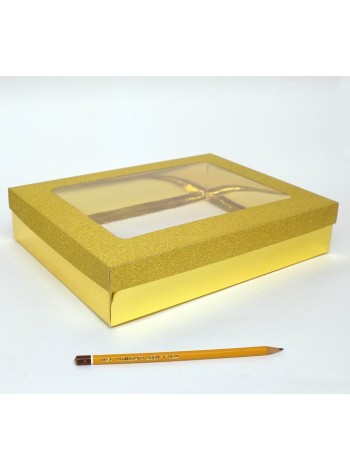 Коробка складная 29,5 х22 х6 см с окном цвет золото 2 части  HS-19-29