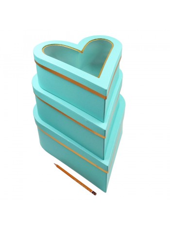 Коробка картон 30,5 х35 х12,5 см набор 3 шт сердце прозрачная крышка цвет тиффани