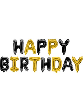 Фольга надпись Happy Birthday Черный/Золото 16"/40 см Китай