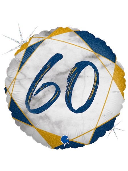 Фольга шар круг 60 цифра Мрамор Калакатта синий голография 18"/46 см