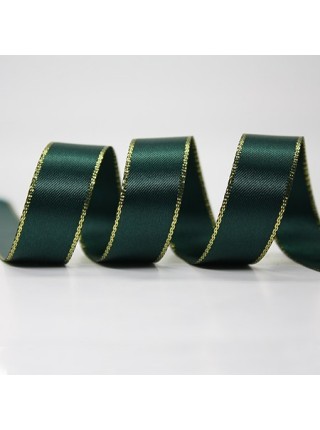 Лента шелк 1.5 см х100 ярд с каймой цвет темно-зеленый/золотой 593  HS-43-2