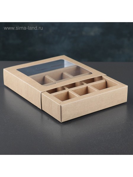Коробка для конфет 14,5 х14,5 х3,2 см на 9 шт с окном крафт