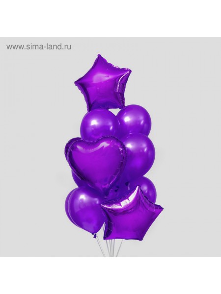 Букет шаров Сердца и звезды латекс фольга набор 14 шт цвет фиолетовый