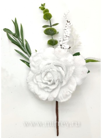 Ветка декоративная с заснеженным цветком 33 см белый