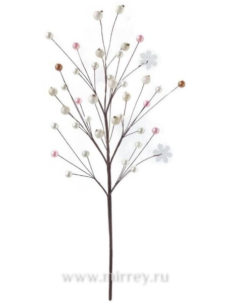 Ветка декоративная с бусинами и цветочками 47 см белый/розовый