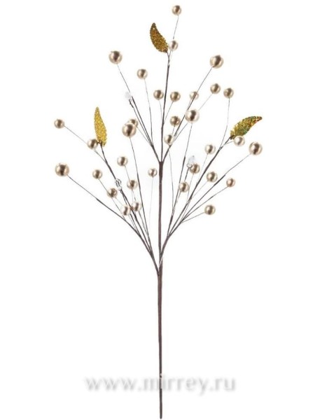 Ветка декоративная с бусинами и листиками 60 см золото