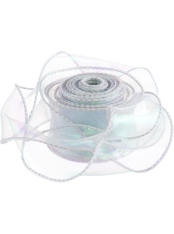 Лента органза 4 см х9,14 м с леской хамелеон цвет Серебро